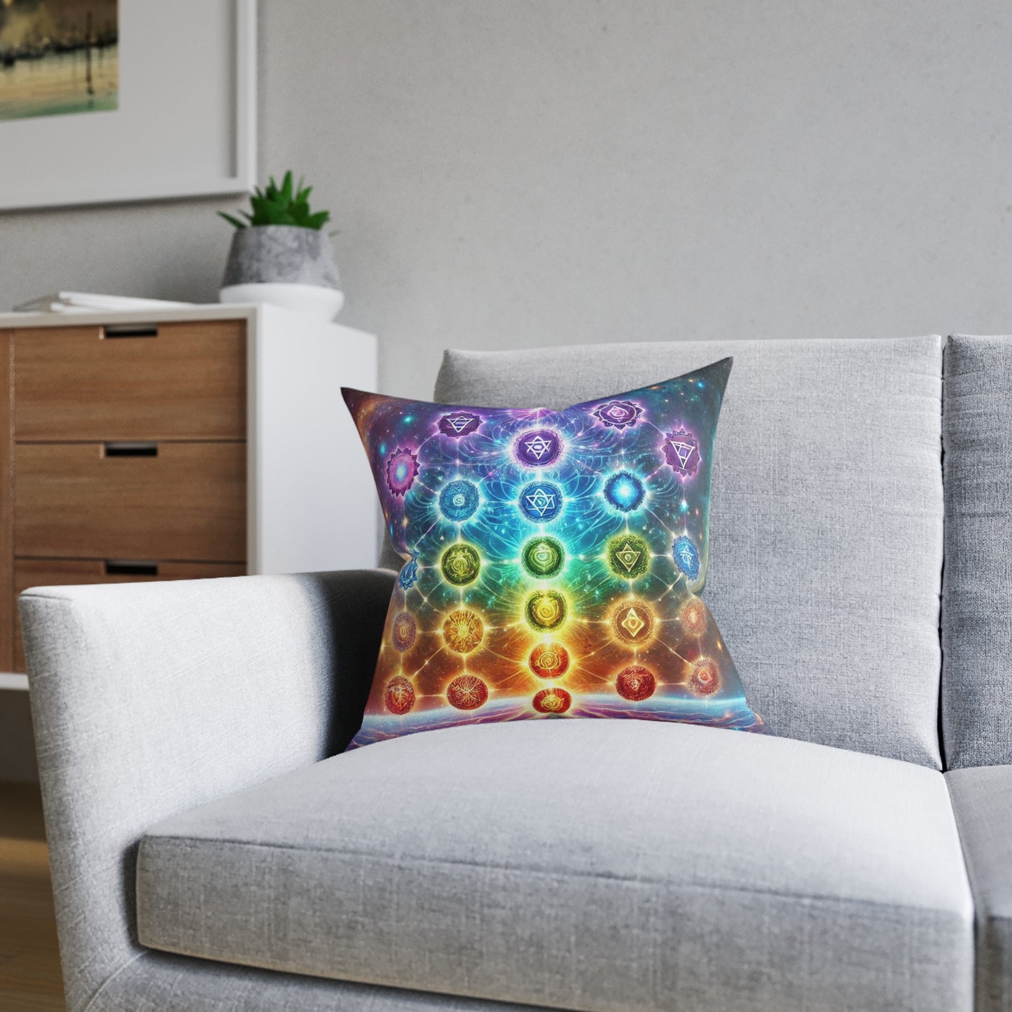 Chakra Energy Square Pillow - Vibrant Spiritual Design for Meditation and Home Decor