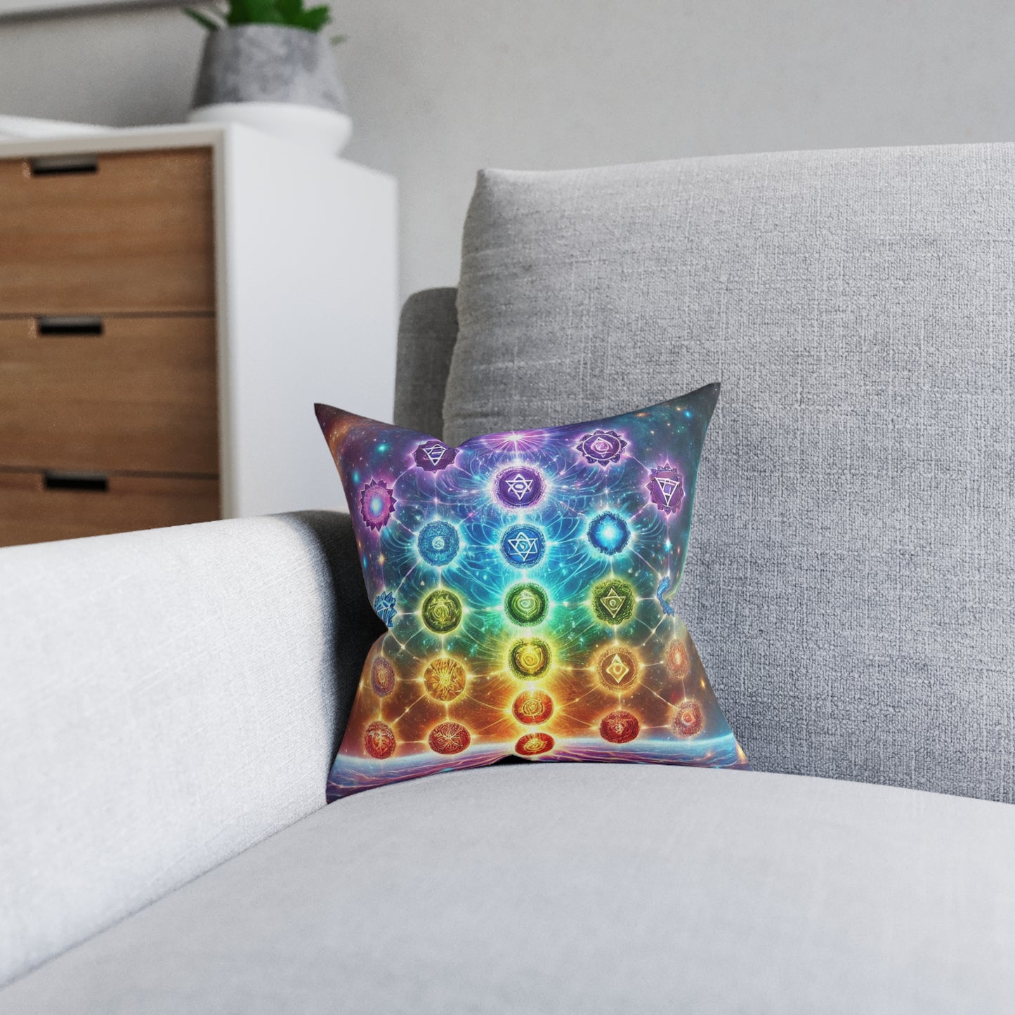 Chakra Energy Square Pillow - Vibrant Spiritual Design for Meditation and Home Decor