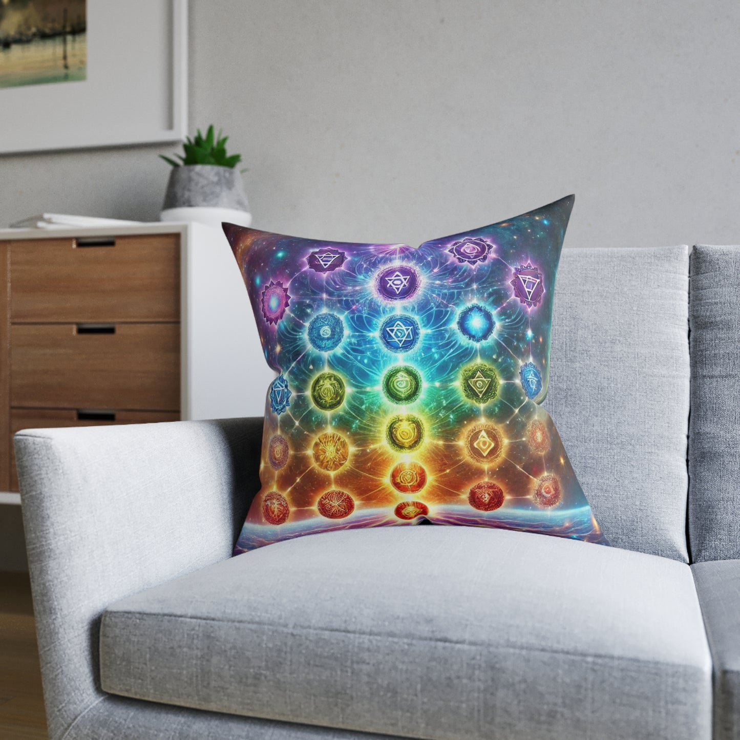 Chakra Energy Square Pillow - Vibrant Spiritual Design for Meditation and Home Decor